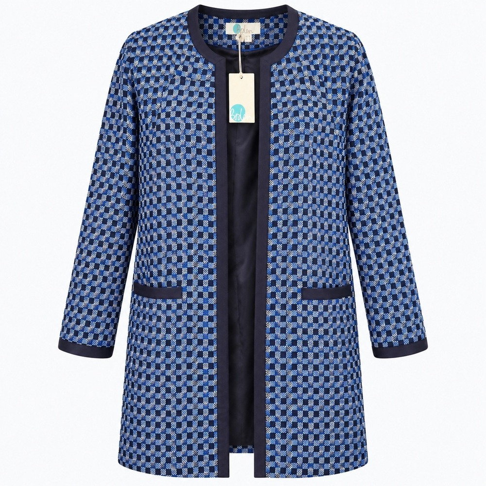 Boden Blue Checkered Collarless Open Front Coat Navy Trim US 14 NWT